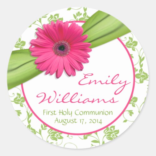 Pink Daisy Green White Floral First Communion Classic Round Sticker