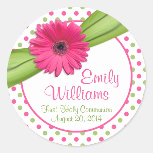 Pink Daisy Green White Polka Dots First Communion Classic Round Sticker