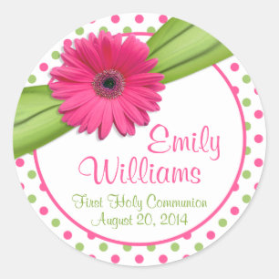 Pink Daisy Green White Polka Dots First Communion Classic Round Sticker
