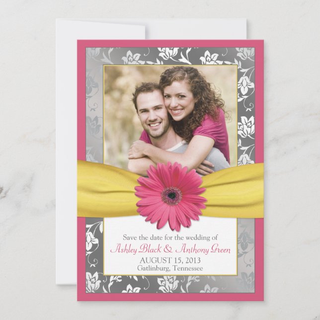 Pink Daisy Grey Yellow Damask Photo Save the Date (Front)