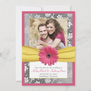 Pink Daisy Grey Yellow Damask Photo Save the Date
