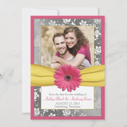 Pink Daisy Grey Yellow Damask Photo Save the Date