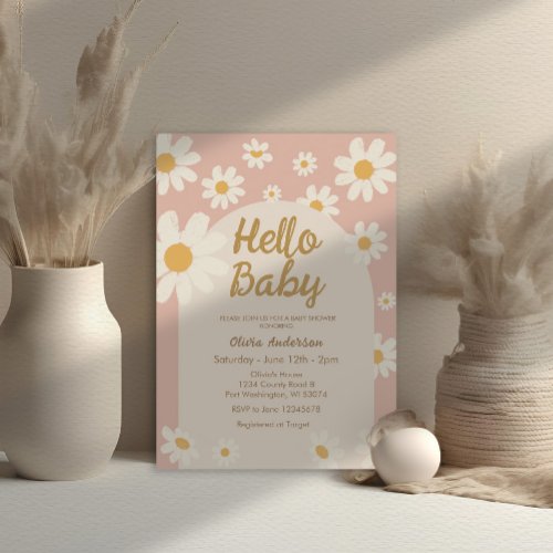 Pink Daisy Hello Baby Retro Baby Shower  Invitation