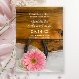 Pink Daisy Horseshoe Barn Wedding Save the Date Invitation