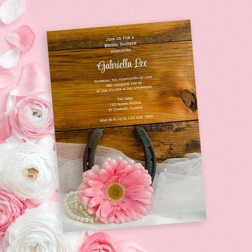Pink Daisy and Horseshoe Country Bridal Shower Invitation