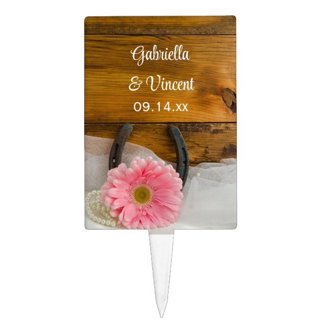 Pink Daisy Horseshoe Country Western Wedding Cake Topper (Front)
