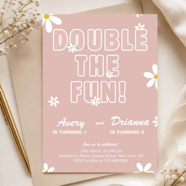 Pink Daisy Joint Sibling Birthday Invitation (double the fun invitation, twin birthday invite, joint birthday party, sibling birthday invite, pink)