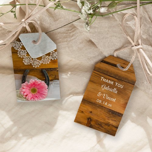 Pink Daisy Lace and Horseshoe Wedding Favor Tags