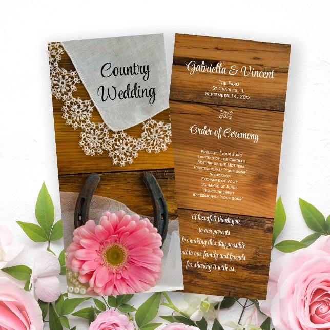 Pink Daisy, Lace and Horseshoe Western Wedding  Program (Creator Uploaded)