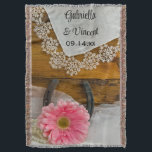 Pink Daisy, Lace and Horseshoe Western Wedding Throw Blanket<br><div class="desc">The rustic chic Pink Daisy, Lace and Horseshoe Country Western Wedding Throw can be personalized with the names of the bride and groom and marriage ceremony date. This ranch style custom equine theme wedding blanket features a quaint floral photograph of a light pink daisy flower blossom, white bridal veil, pearl...</div>