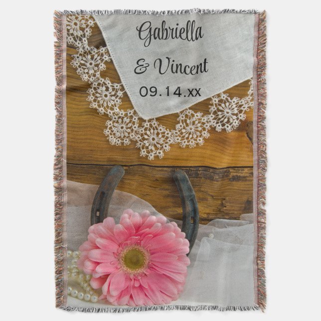 Pink Daisy, Lace and Horseshoe Western Wedding Throw Blanket (Front Vertical)