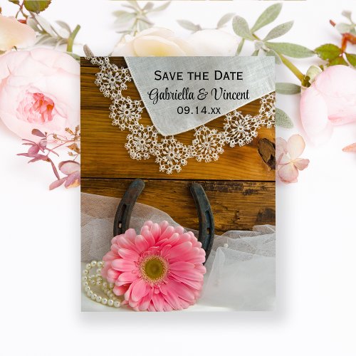 Pink Daisy Lace Horseshoe Wedding Save the Date Magnetic Invitation