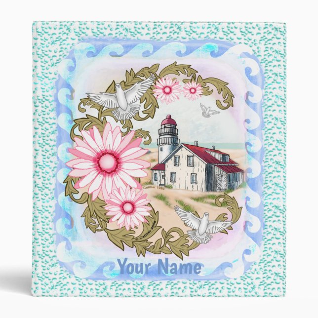 Pink Daisy Lighthouse  3 Ring Binder (Front)
