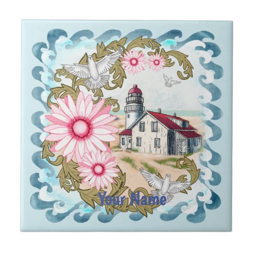 Pink Daisy Lighthouse custom name Ceramic Tile