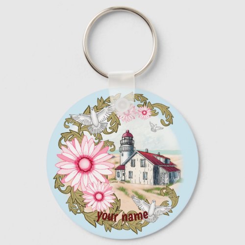 Pink Daisy Lighthouse custom name  keychain