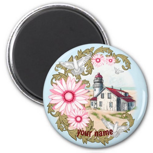 Pink Daisy Lighthouse custom name  magnet 