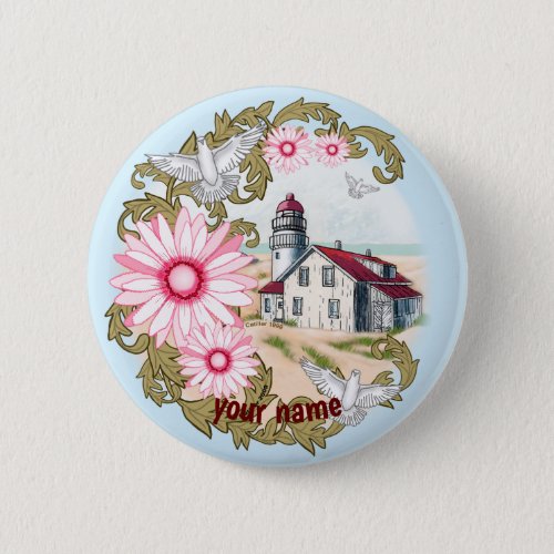 Pink Daisy Lighthouse custom name  pin button