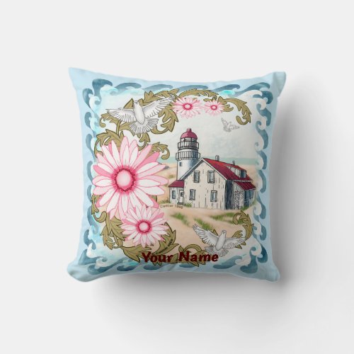 Pink Daisy Lighthouse custom name Throw Pillow