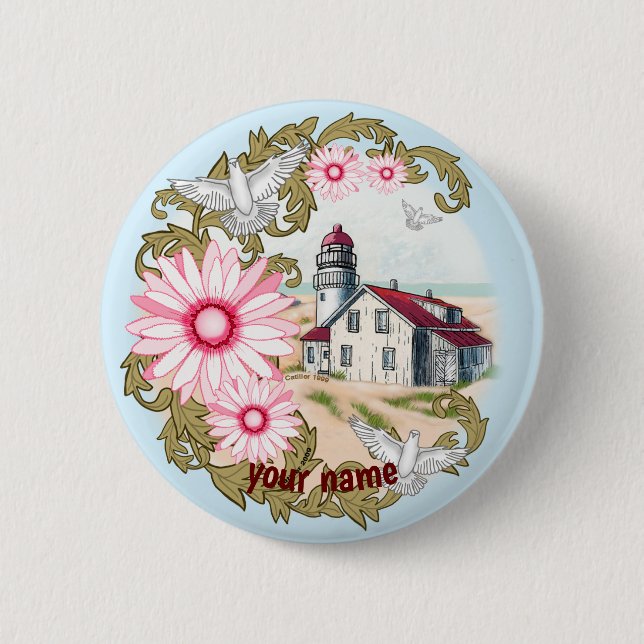 Pink Daisy Lighthouse  pin button (Front)