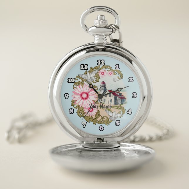 Pink Daisy Lighthouse Pocket Watch (Inside)
