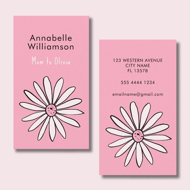 Pink Daisy mommy calling card (Mommy calling card with cute daisy & pink background. Perfect for playdates & parent networking.)