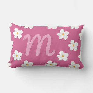Pink Daisy Monogram, Bubblegum Pink Girl Decor Lumbar Pillow