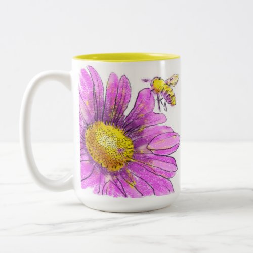 Pink Daisy Mum with Bumblebee Two_Tone Coffee Mug