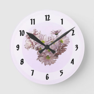 Pink Daisy Mums Heart Round Clock