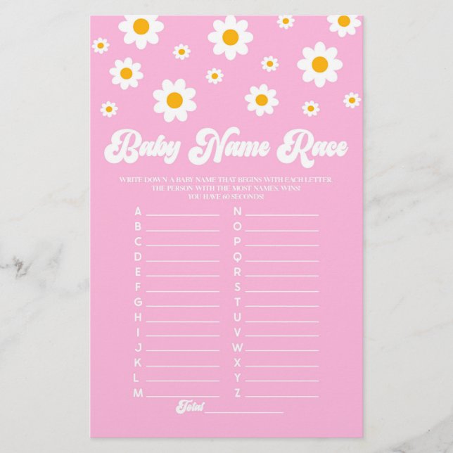 Pink Daisy Name Race Baby Shower Game Activity Stationery (Front)