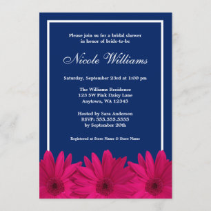Pink Daisy Navy Blue Border Bridal Shower Invitation