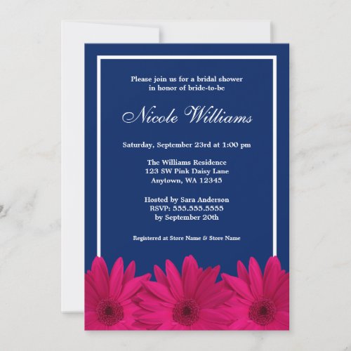 Pink Daisy Navy Blue Border Bridal Shower Custom Invitations
