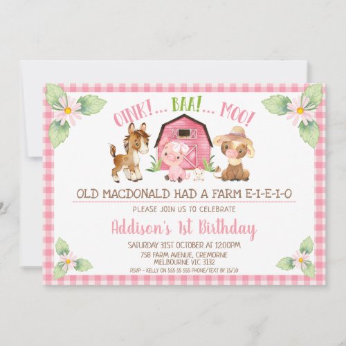 Pink Daisy Oink Baa Moo Farm 1st Birthday  Invitation