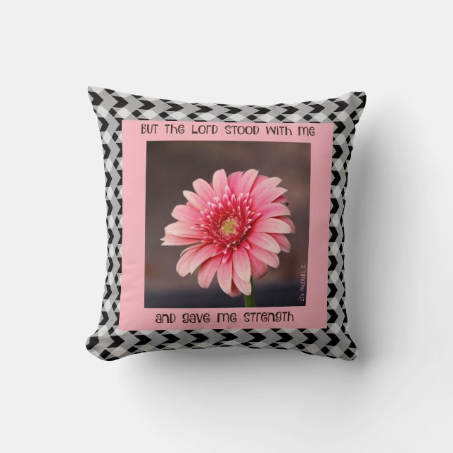 Pink daisy on B&W gingham, with scripture verse Throw Pillow (Front)