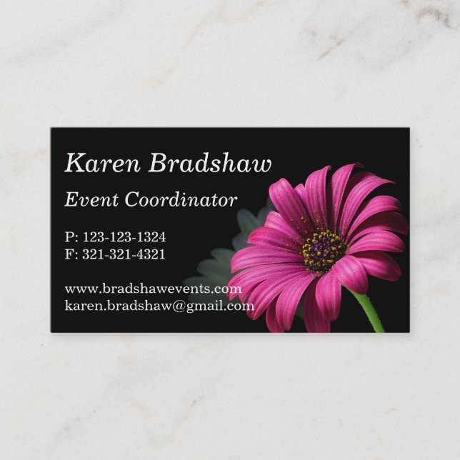 Pink Daisy on Black Event Planner Business Cards (Front)