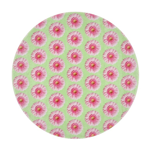 Pink Daisy on Mint Pastel Kitchen Circle Cutting Board (Front)