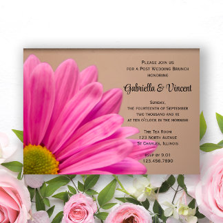 Pink Daisy on Tan Post Wedding Brunch Invitation