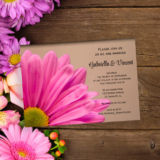 Pink Daisy on Tan Wedding Invitation