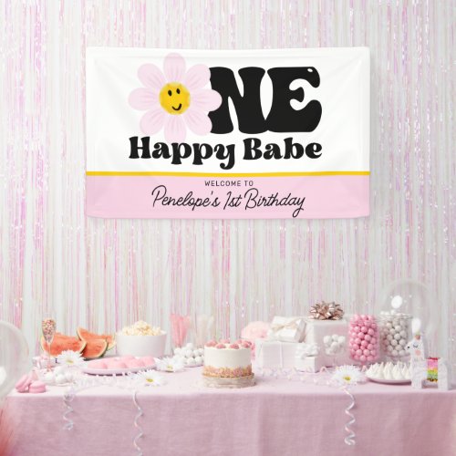 Pink Daisy One Happy Babe First Birthday Banner