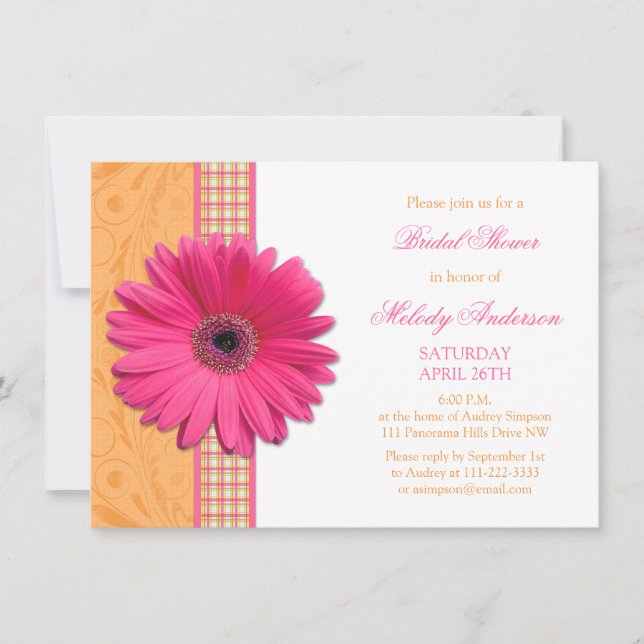 Pink Daisy Orange Plaid Recipe Bridal Shower Invitation (Front)
