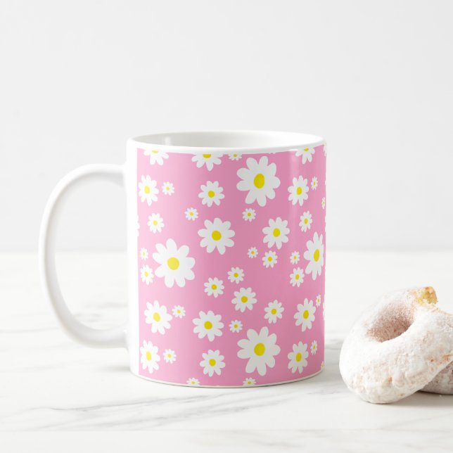 Pink Daisy Pattern Spring Floral Coffee Mug (With Donut)