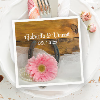 Pink Daisy, Pearls and Horseshoe Western Wedding Napkins