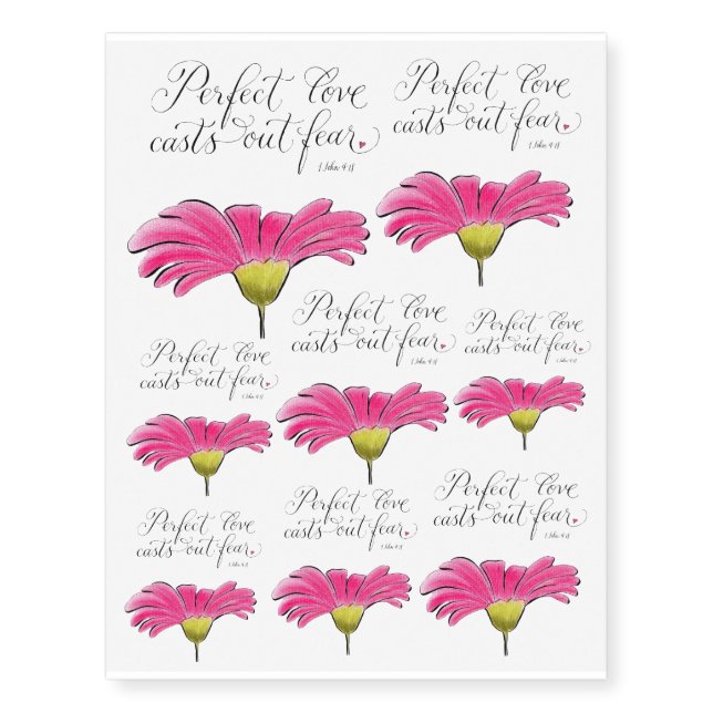 Pink daisy Perfect Love inspirational verse Temporary Tattoos (Front)