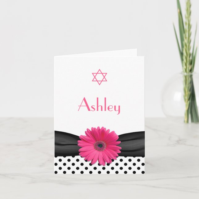 Pink Daisy Polka Dot Bat Mitzvah Thank You Card (Front)