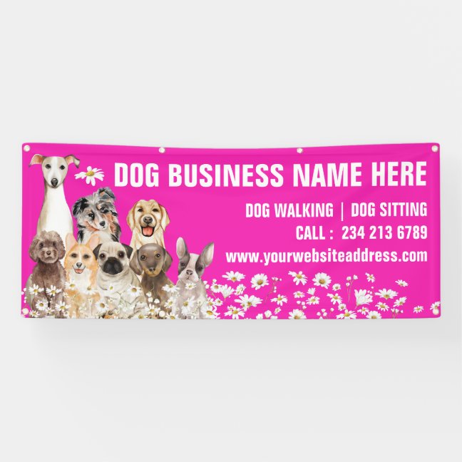 Pink Daisy Puppies Floral Botanical Dog Grooming Banner