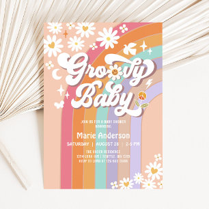 Pink Daisy Rainbow Hippie 70's Retro Baby Shower Invitation