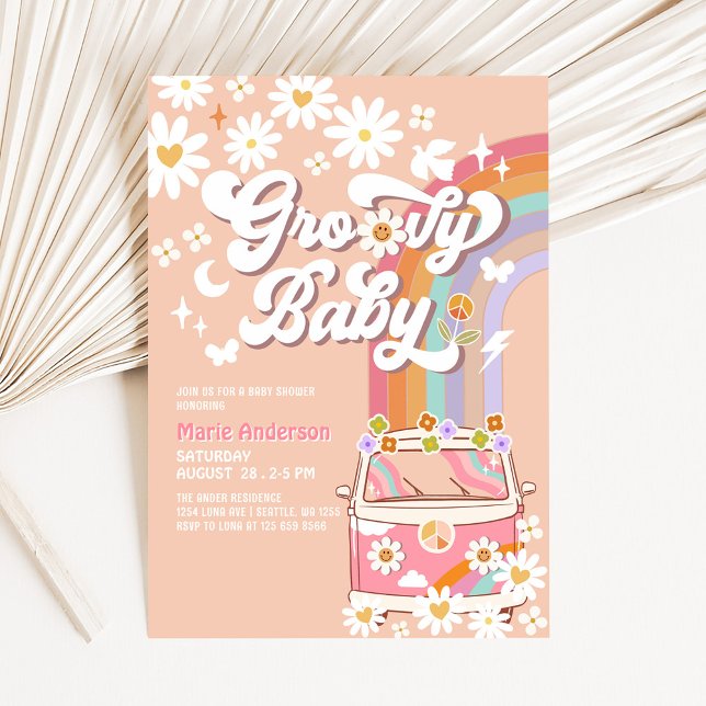 Pink Daisy Rainbow Hippie Groovy Van Baby Shower Invitation (Creator Uploaded)