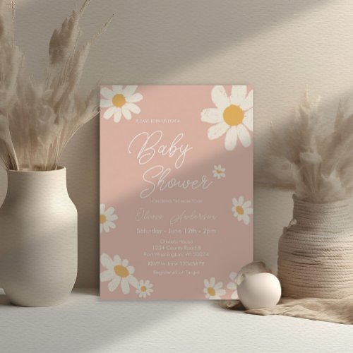 Pink Daisy Retro Boho Baby Shower  Invitation