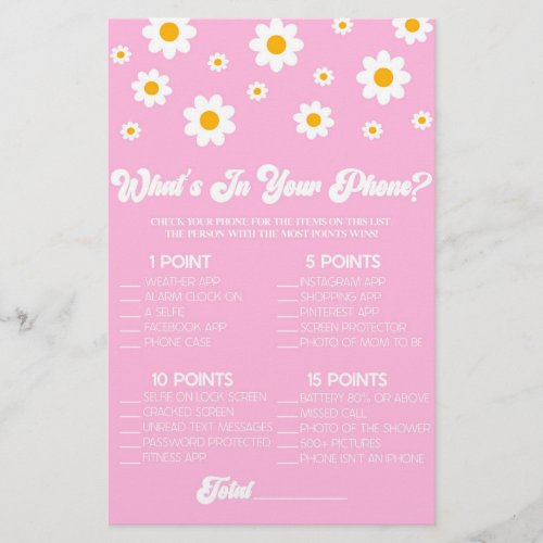 Pink Daisy Retro In Your Phone Baby Shower Game Stationery
