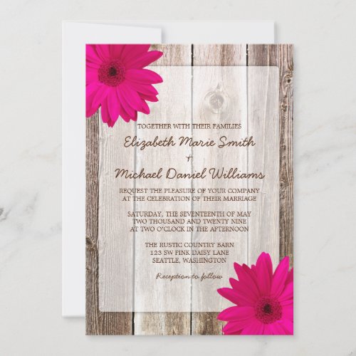 Pink Daisy Rustic Barn Wood Wedding Announcement