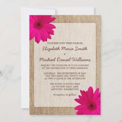 Pink Daisy Rustic Burlap Wedding Invites